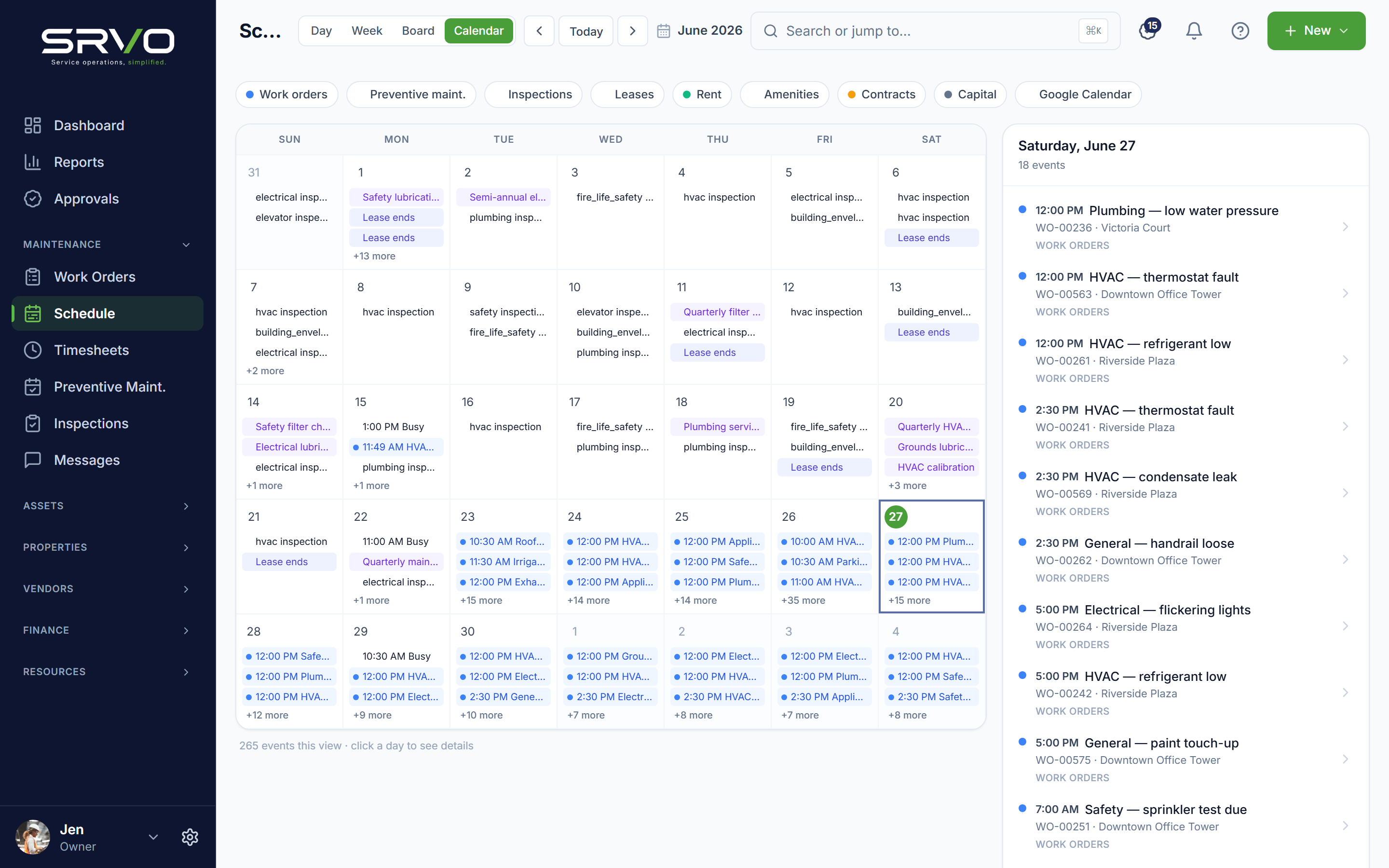SRVO calendar — work orders, PM, inspections, leases, and rent due in one adaptive view