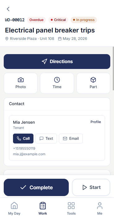 SRVO technician app — a work order with directions, photo/time/part, tenant contact, and complete