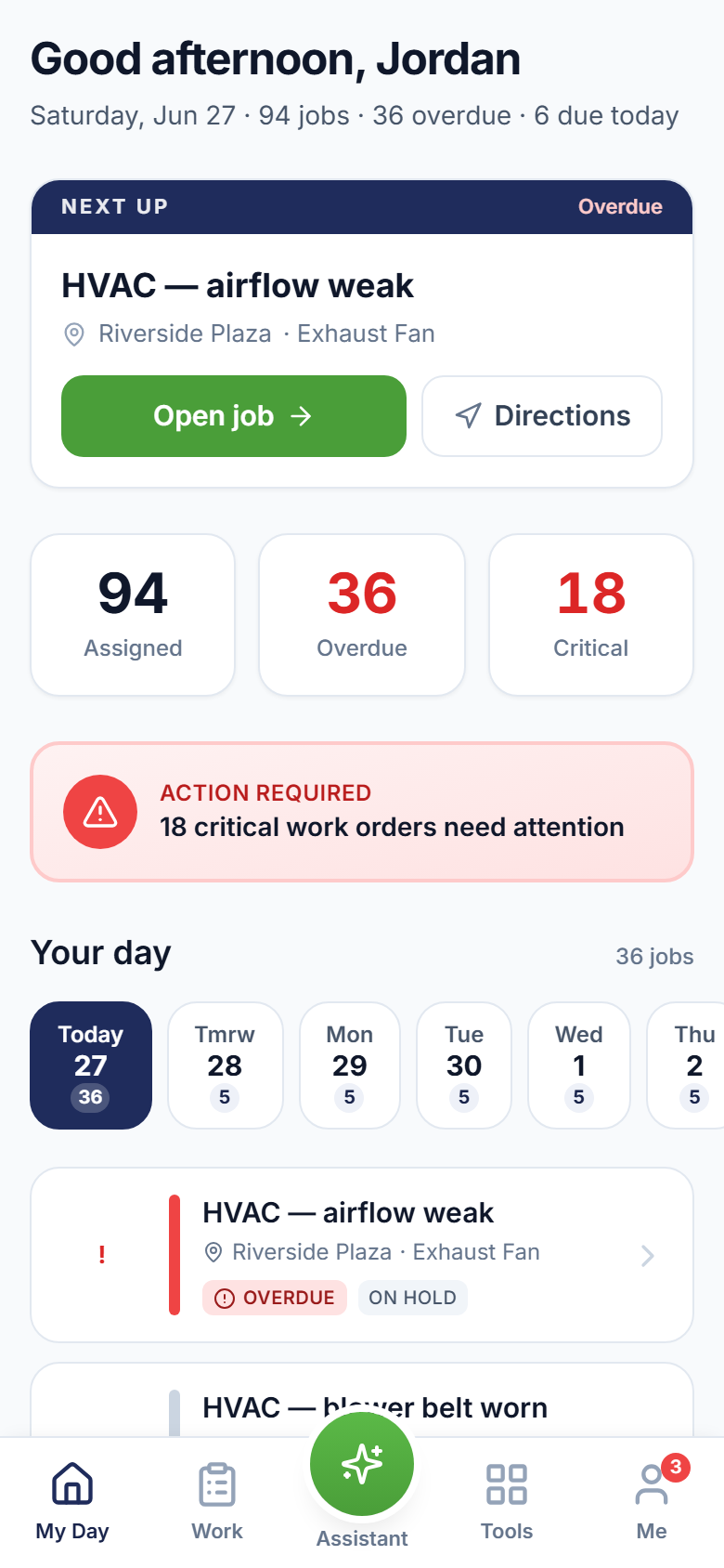 SRVO tech app — My Day work orders