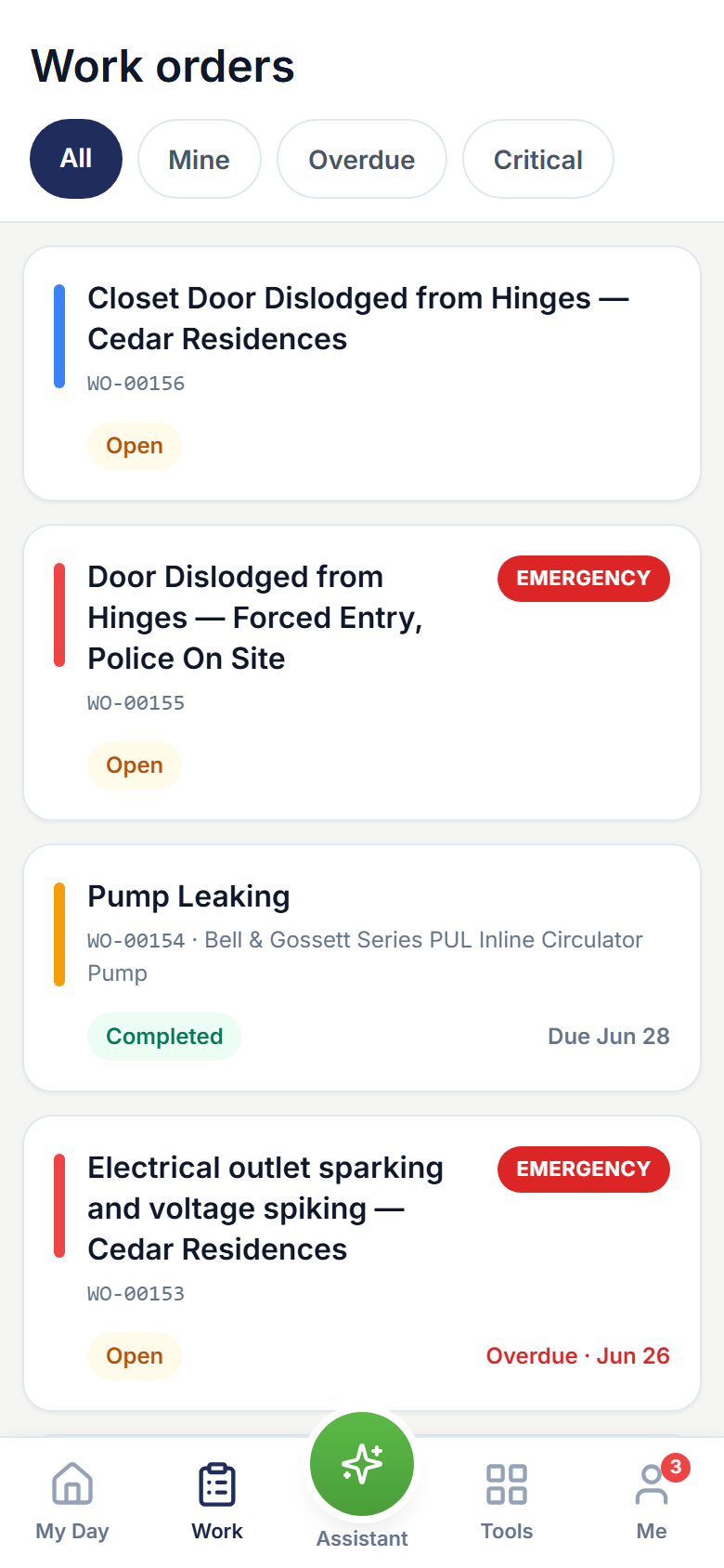 SRVO tech app — work list